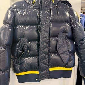 Moncler Puffer navy coat with Yellow Accents